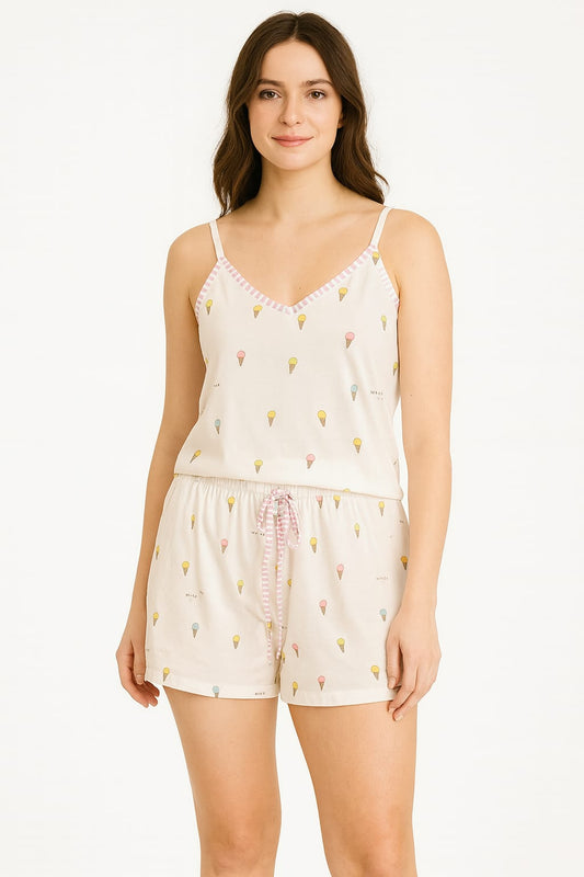 Babydoll LUA LUA Gelato Estampa de Sorvetes Off-White Blusa e Short