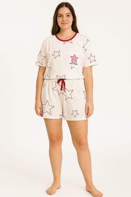 Pijama LUA LUA Especial Stellato Vermelho Estampa de Estrelas Blusa e Short