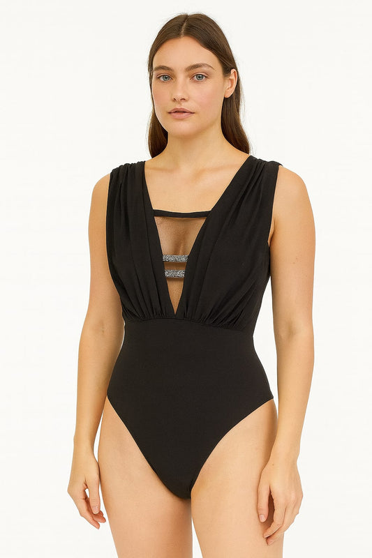 Body BELLES Preto Tule com Detalhes Dourados e Recorte Transparente