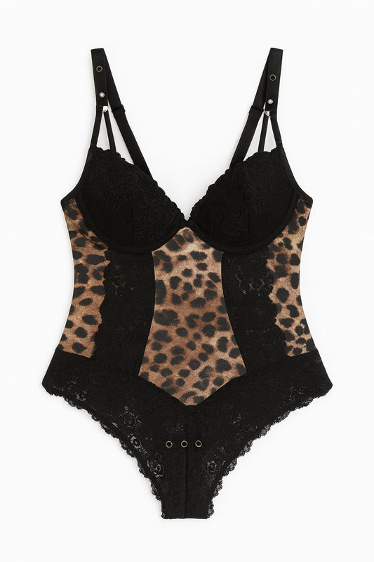 BODY DECHELLES RENDA PRETA COM ANIMAL PRINT | Elegância & Sensualidade Selvagem