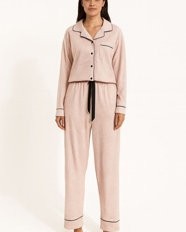 Pijama Feminino 2 Peças Rosa Pastel Americano Com Vivo Preto Manga Longa Tam M/G LUA LUA