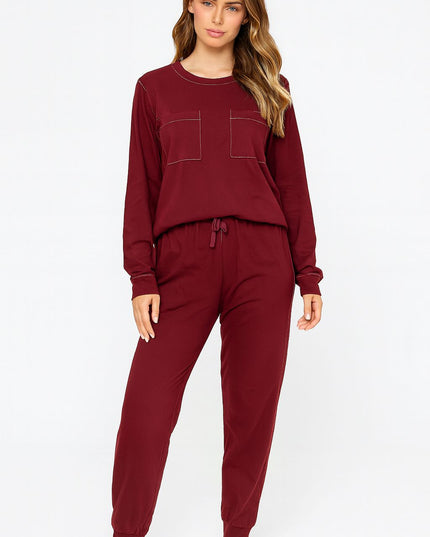 Pijama Feminino 2 Peças Vinho Manga Longa Com Bolsos E Calça Reta Tam M LUA LUA