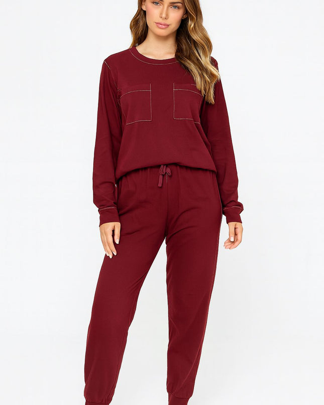 Pijama Feminino 2 Peças Vinho Manga Longa Com Bolsos E Calça Reta Tam M LUA LUA
