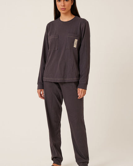 Pijama Feminino 2 Peças Cinza Manga Longa Com Bolsos E Calça Reta Tam M LUA LUA