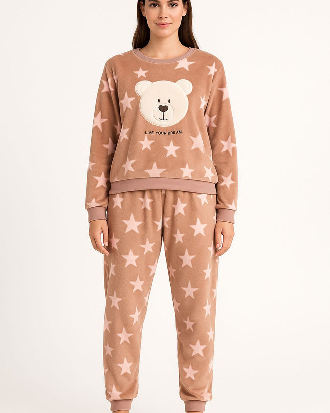 Pijama Feminino 2 Peças Marrom Estampado Com Estrelas E Ursinho Manga Longa Tam G LUA LUA