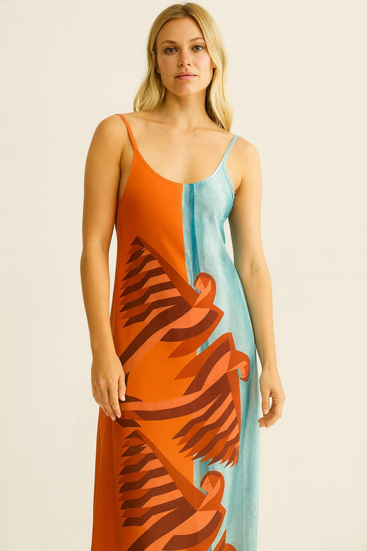 Saída DECHELLES VESTIDO LONGO BICOLOR LARANJA & AZUL | Estilo Artístico e Fluidez