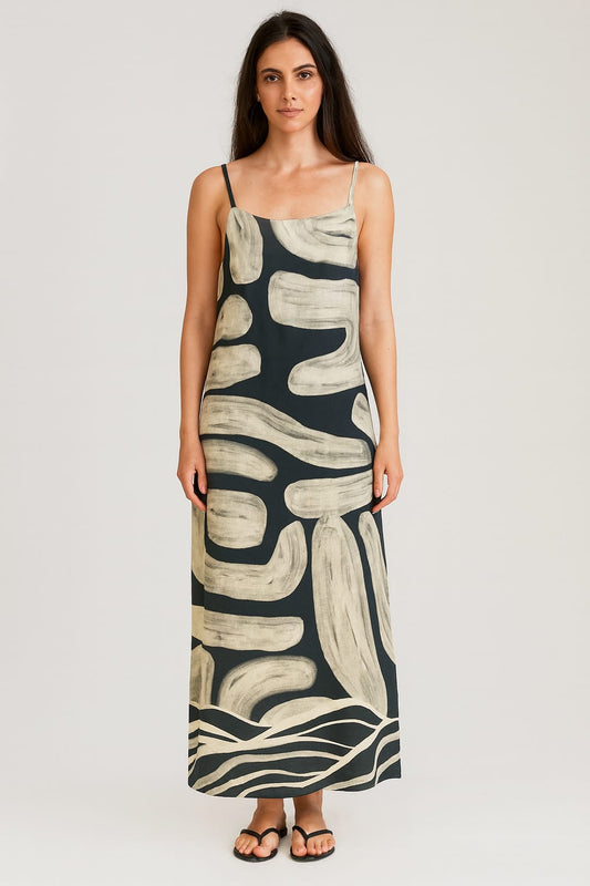 Saída DECHELLES VESTIDO LONGO AZUL MARINHO | Elegância & Arte Abstrata