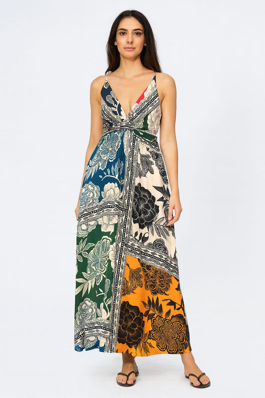 Saída DECHELLES VESTIDO LONGO ESTAMPADO | Fluidez e Personalidade Tropical