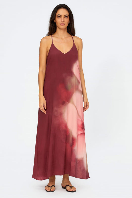 Saída LIVE VESTIDO LONGO VINHO DEGRADÊ ROSA | Fluidez e Delicadeza