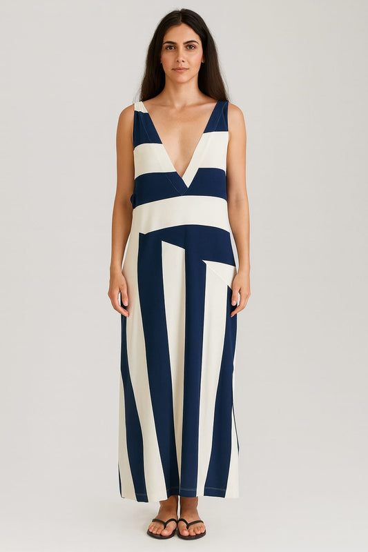 Saída DECHELLES VESTIDO LONGO LISTRADO EM AZUL MARINHO & BRANCO | Estilo & Versatilidade