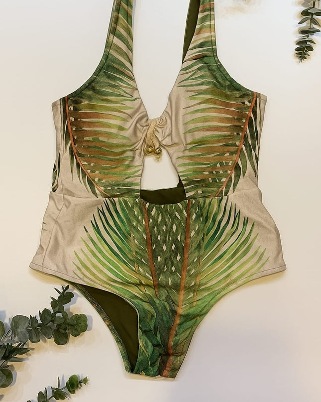 Maiô DECHELLES Tropical Verde & Bege | Leveza & Sofisticação Natural