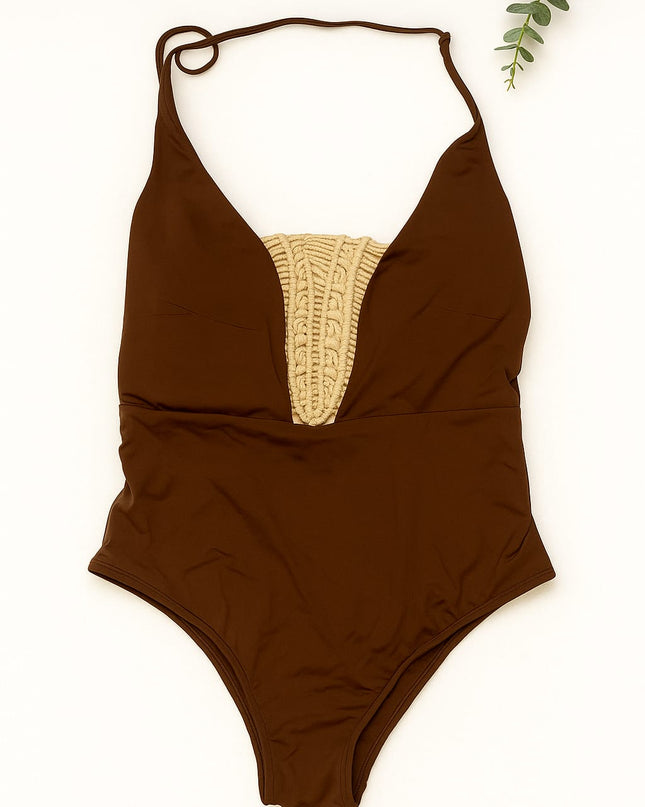 Maiô DECHELLES Marrom Com Crochê Bege | Estilo & Elegância Artesanal