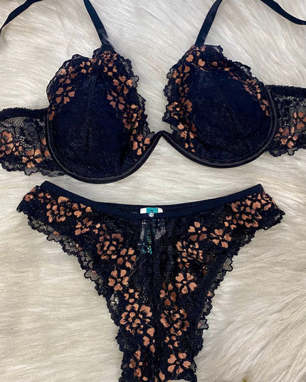 Lingerie RIVANNA | Renda Preta & Contraste Nude Sofisticado