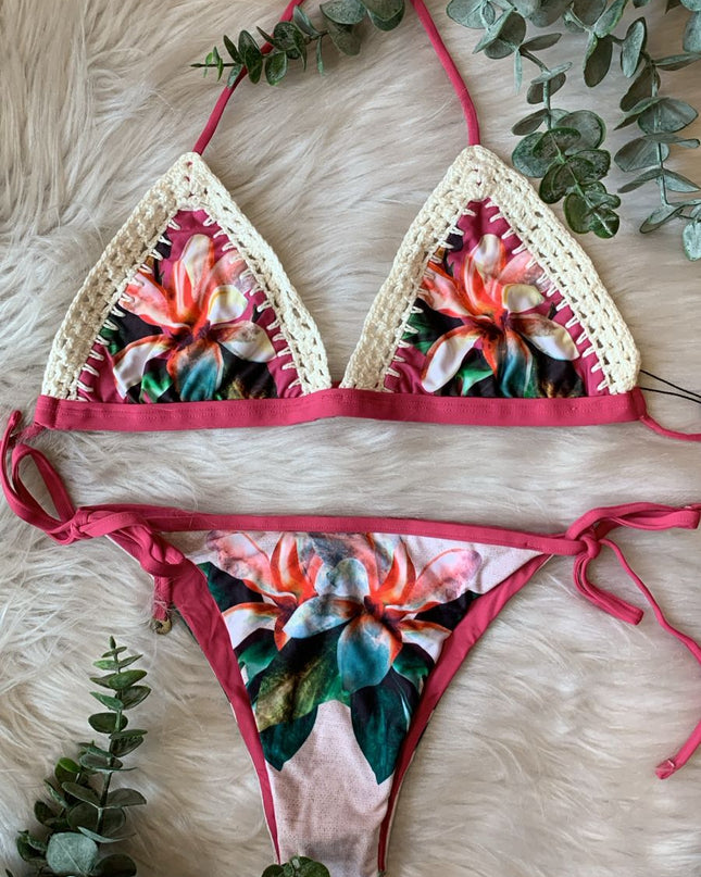 BIQUÍNI Dechelles FLORAL COM CROCHÊ | Delicado & Marcante