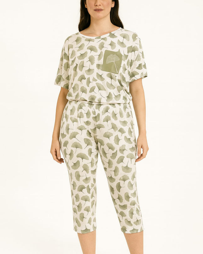 Pijama LUA LUA Capri Estampa De Folhas Verdes Blusa Manga Curta E Calça Pescador