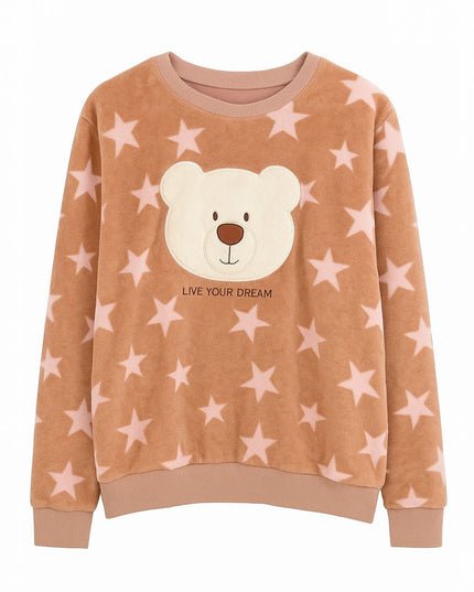Pijama Feminino 2 Peças Marrom Estampado Com Estrelas E Ursinho Manga Longa Tam G LUA LUA