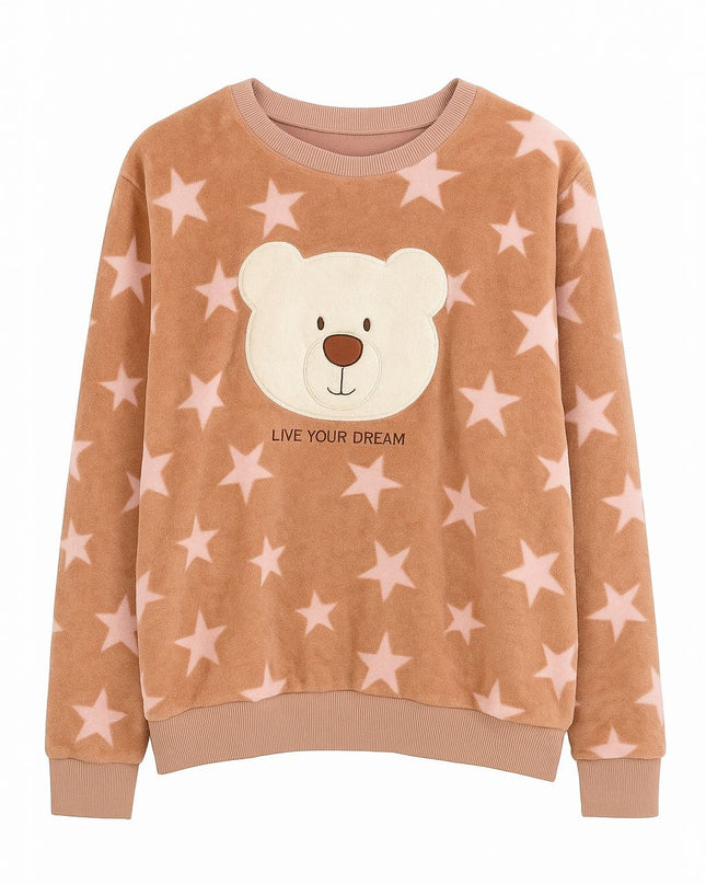 Pijama Feminino 2 Peças Marrom Estampado Com Estrelas E Ursinho Manga Longa Tam G LUA LUA