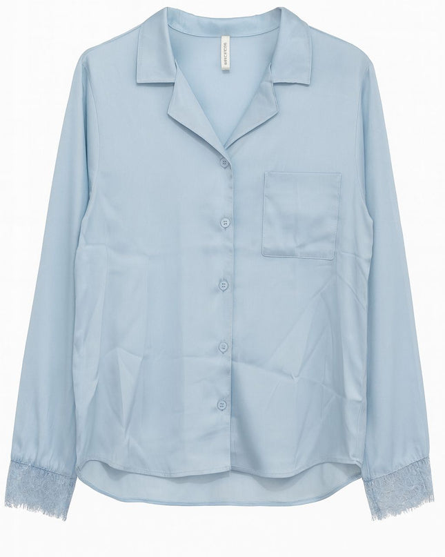 Pijama Feminino 2 Peças Azul Claro Cetim Com Renda Manga Longa Tam M LUA LUA