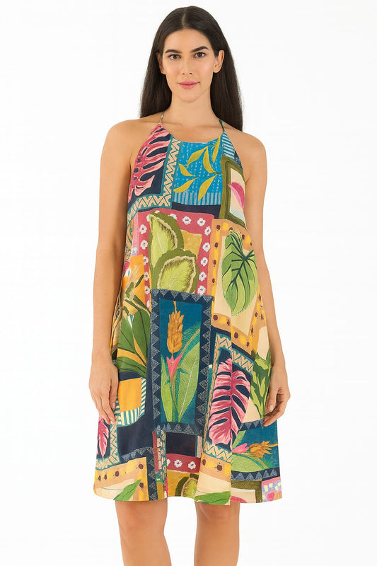 Saída/Vestido DECHELLES HALTER PATCHWORK TROPICAL | Leveza e Vibração para o Verão