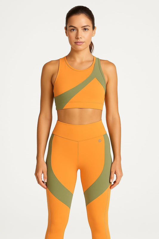 Conjunto Fitness VESTEM LARANJA MOSTARDA & CINZA/VERDE ACINZENTADO | Geometria & Conforto
